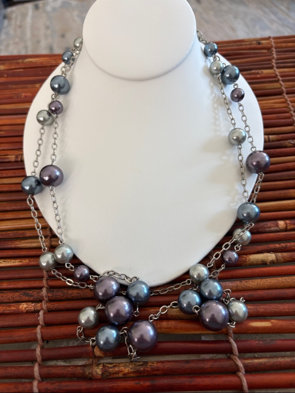 Lia Sophia Multi-Strand FauxPearl Long Necklace in Gray & Purple Tones 25”-28”